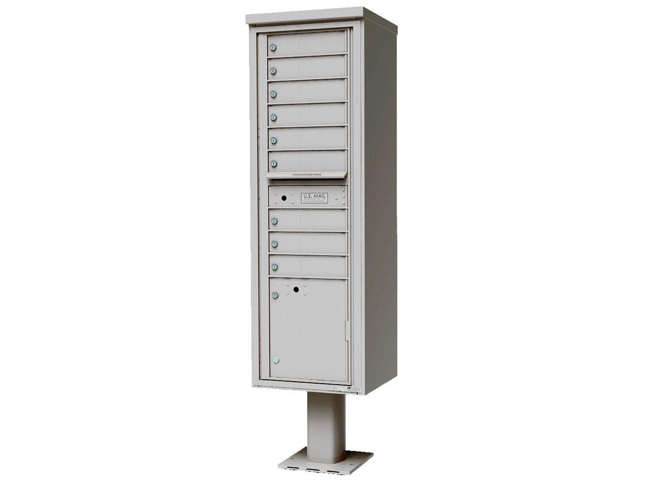 Front loading, single column unit with 9-tenant doors and 1-outgoing compartment